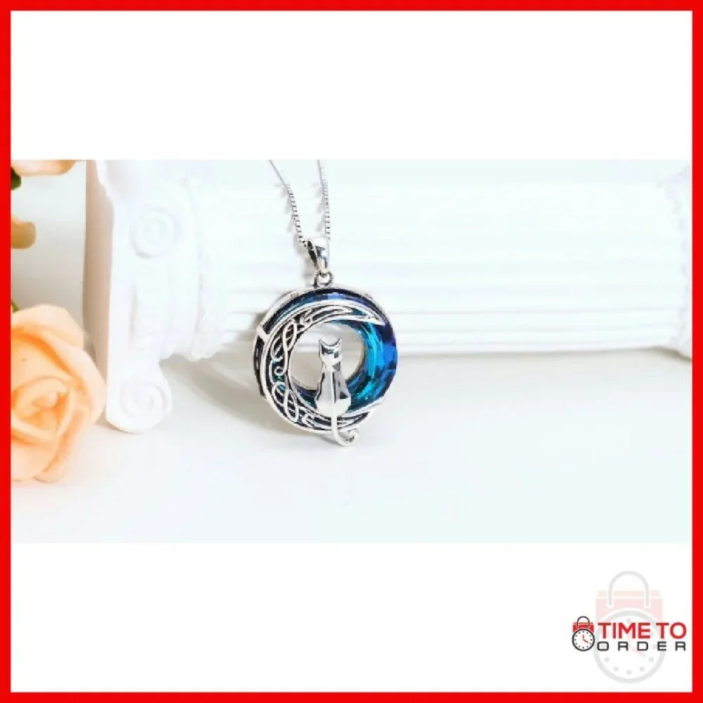 Sterling Silver Cat Moon Pendant Necklace with Crystal Gift for Women